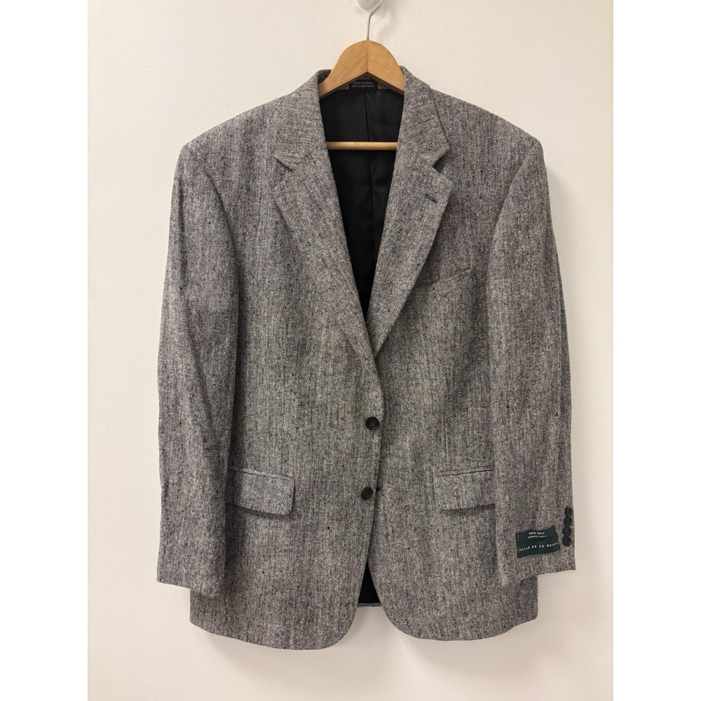 Vtg Oscar de la Renta 42R Gray 100% Silk Tweed Mens Blazer Sport Coat